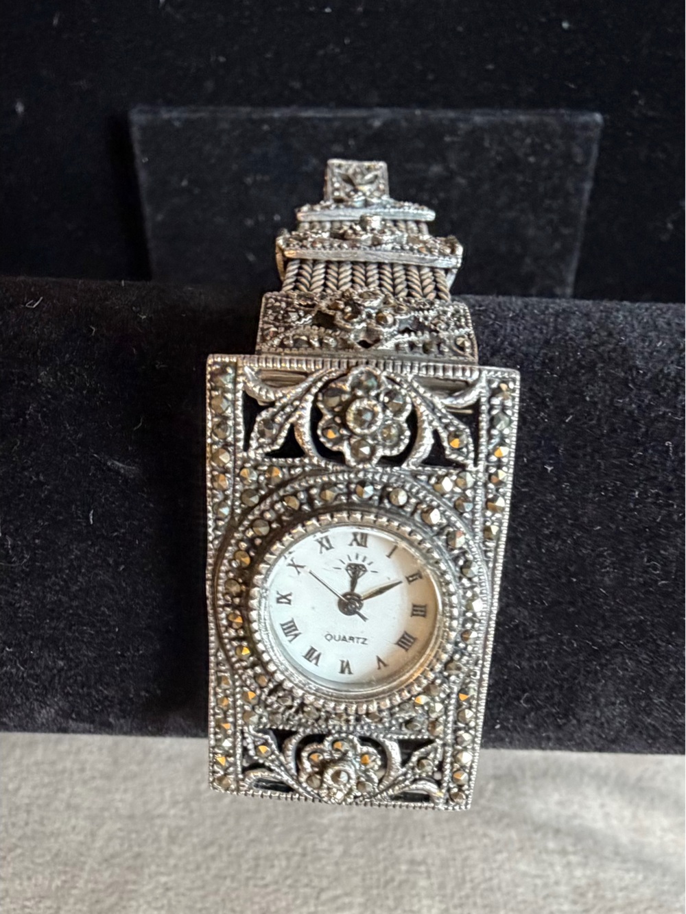 Vintage Art Deco 925 Silver marcasite Floral Mesh Bracelet Watch  7”